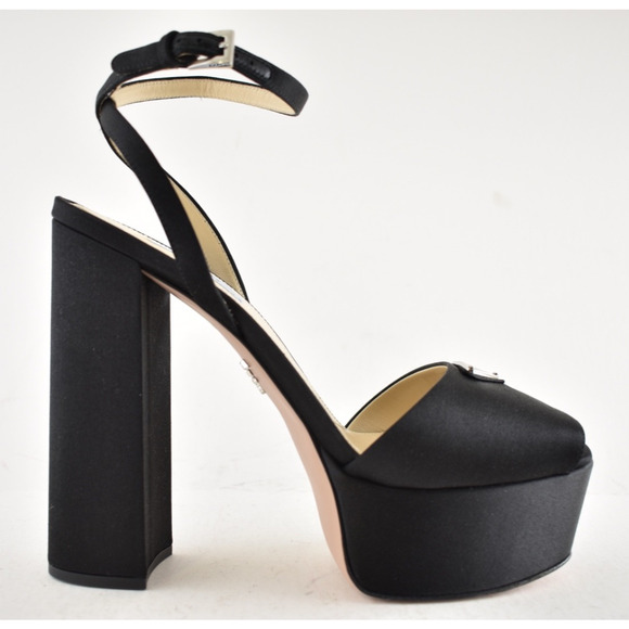 Prada 135mm Black Satin Logo Platform Sandal Ankle Strap Block Heel Pump 41.5 - Picture 2 of 14